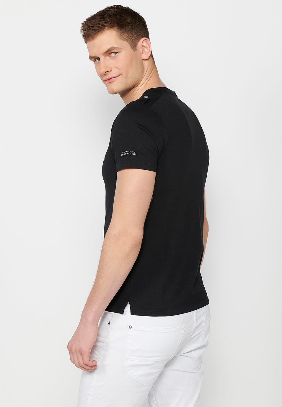 Men's black cotton short-sleeved T-shirt, round neck with buttoned opening