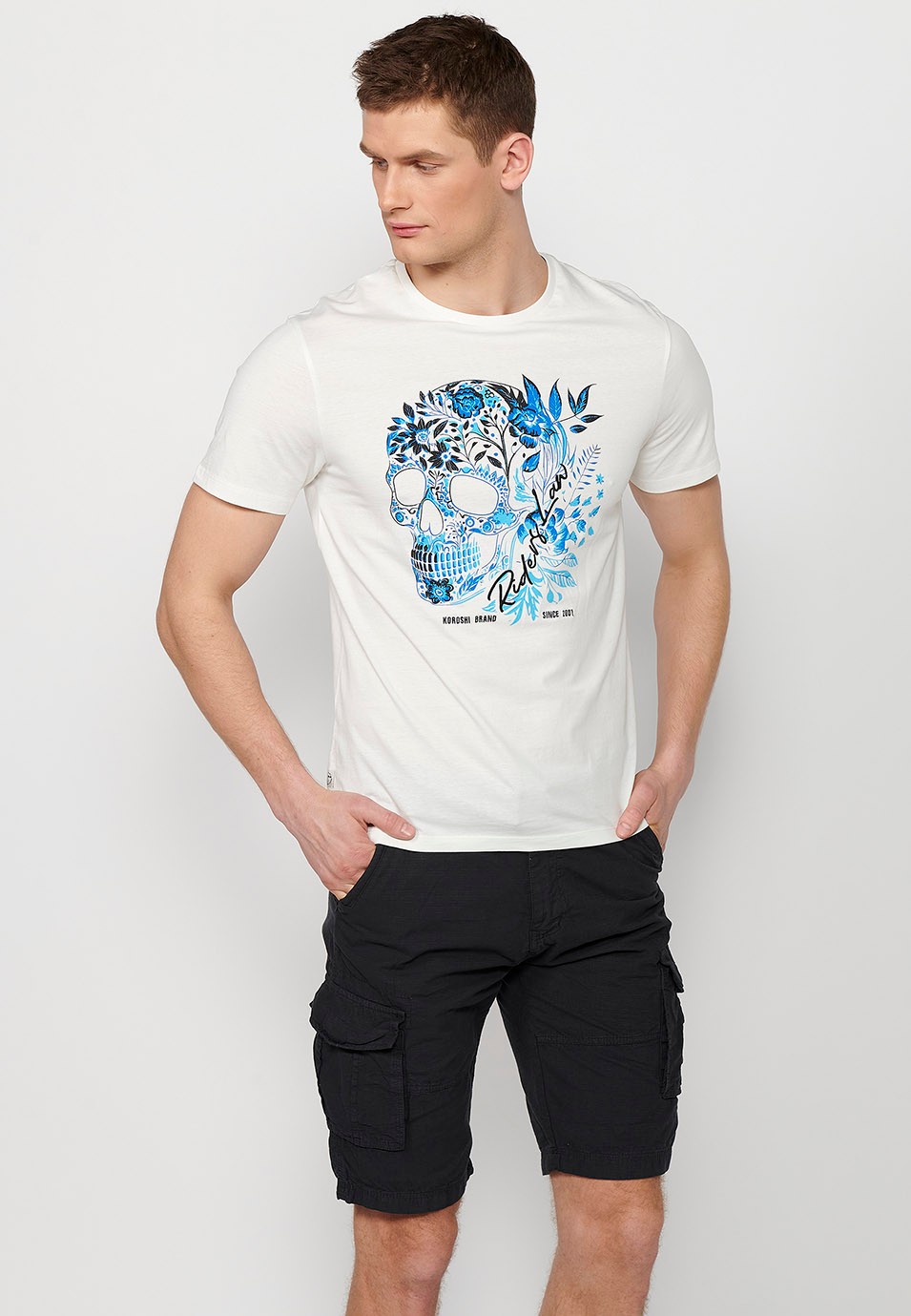 Camiseta de manga corta de algodon, estampado delantero, color blanco para hombre