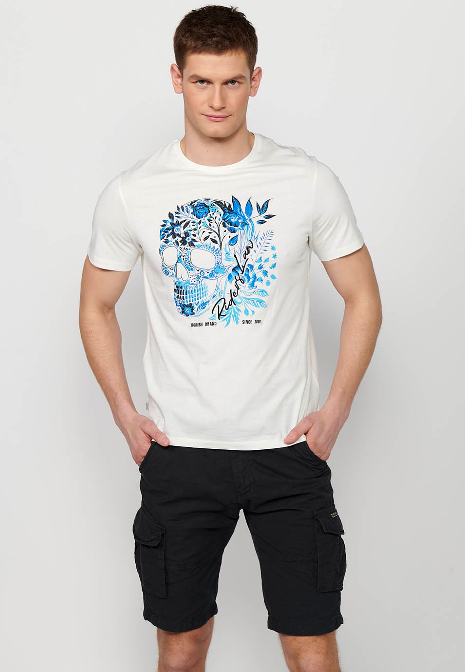 T-shirt en coton à manches courtes, imprimé devant, couleur blanc pour homme