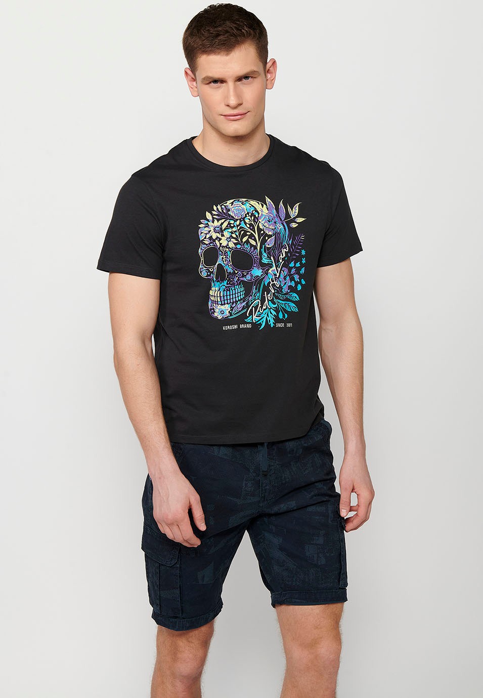 Camiseta de manga corta de algodon, estampado delantero, color azul para hombre