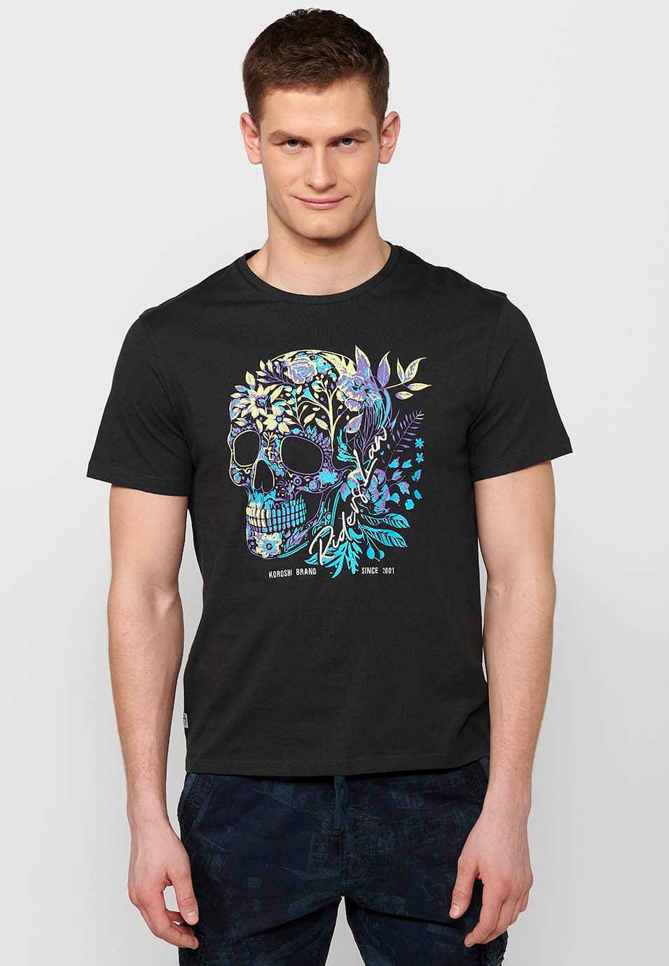 Camiseta de manga corta de algodon, estampado delantero, color azul para hombre