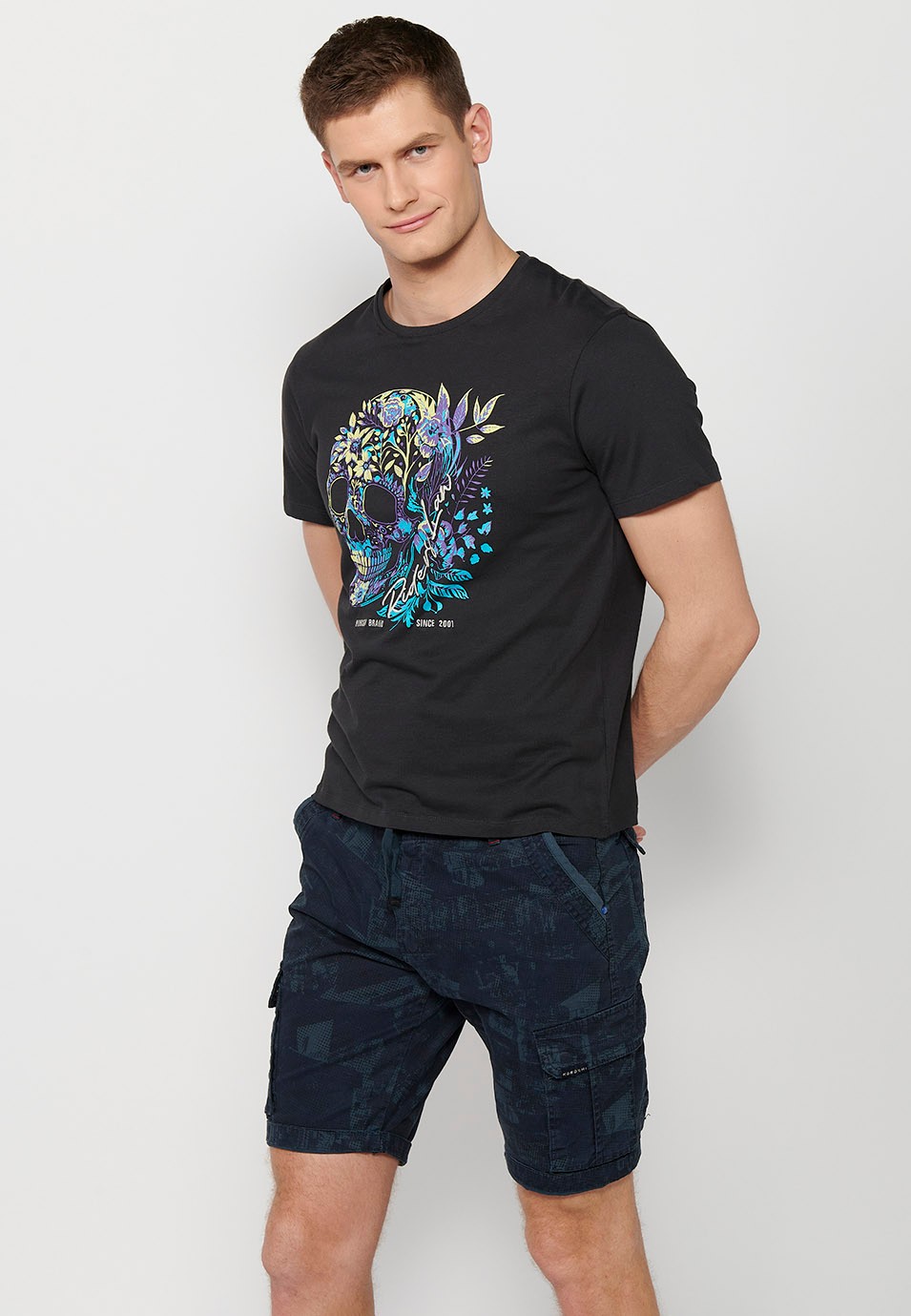 T-shirt en coton à manches courtes, imprimé devant, coloris bleu pour homme