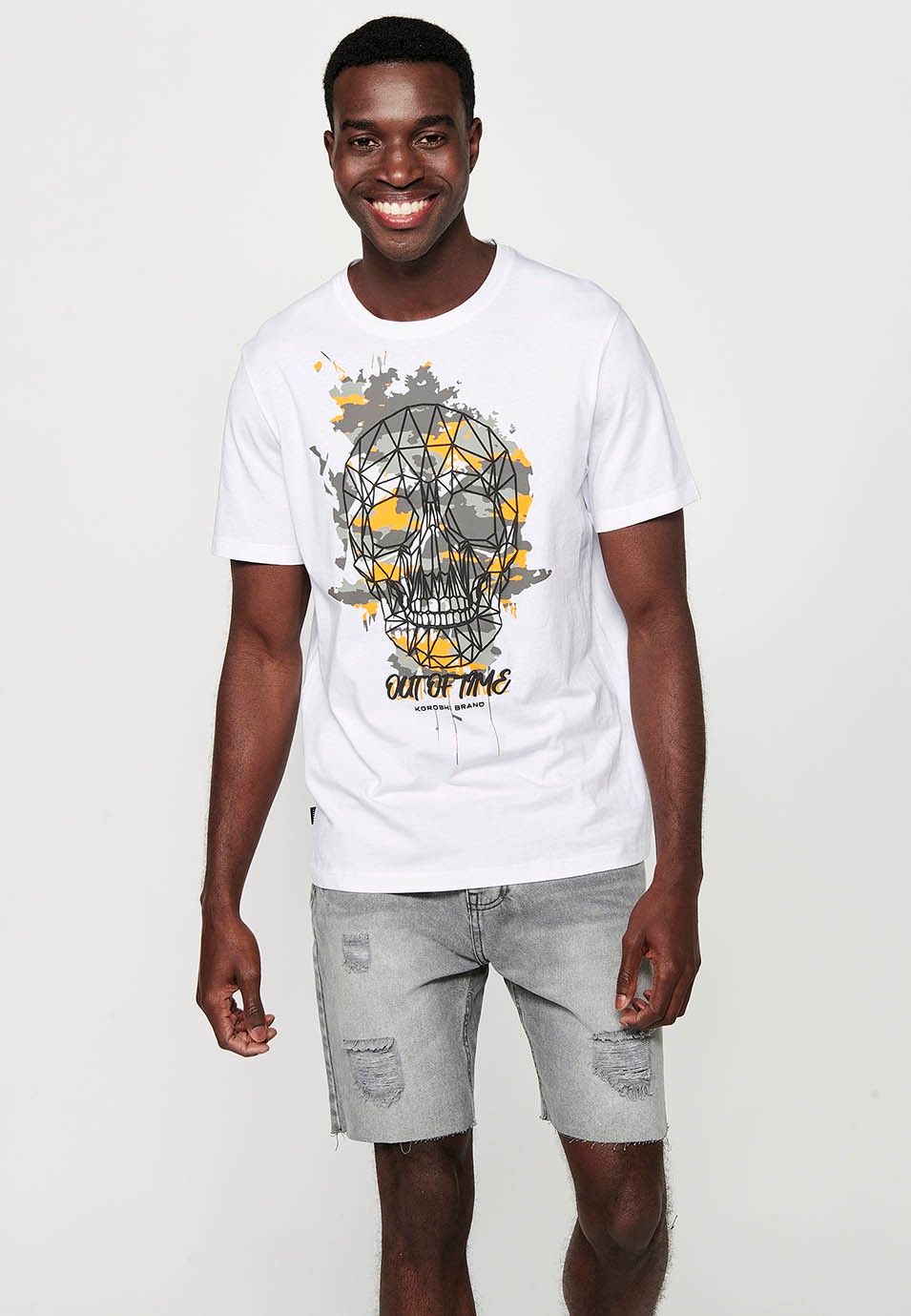 Kurzarm-T-Shirt, Frontdruck und Rundhalsausschnitt, weiße Farbe für Herren