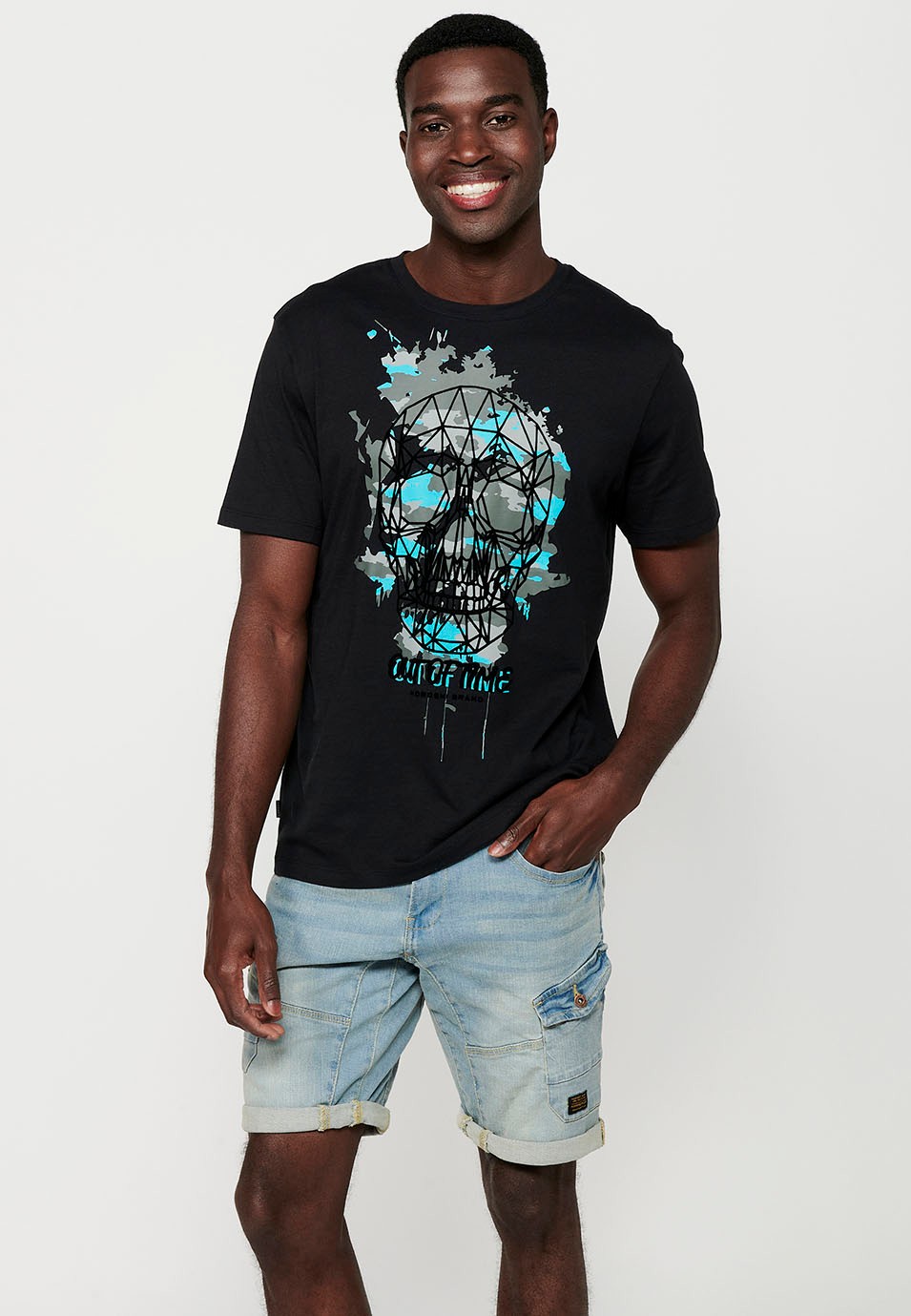 Men's Black Short Sleeve T-Shirt with Front Print and Round Neck