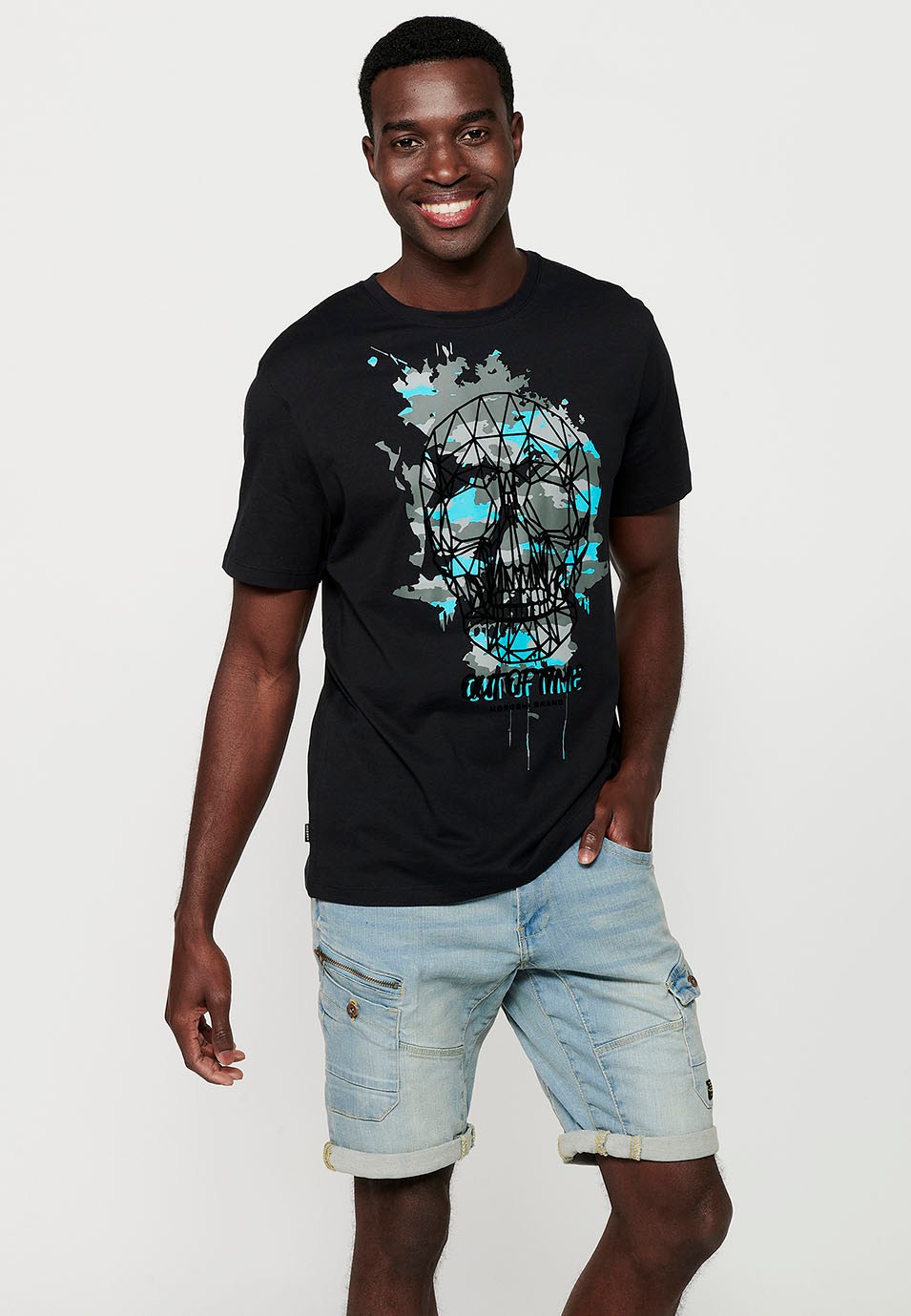 Men's Black Short Sleeve T-Shirt with Front Print and Round Neck