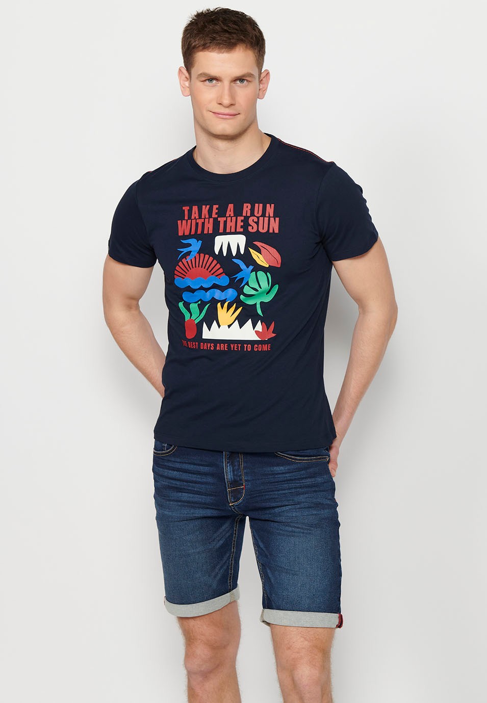 T-shirt imprimé à manches courtes, col rond de couleur marine pour homme