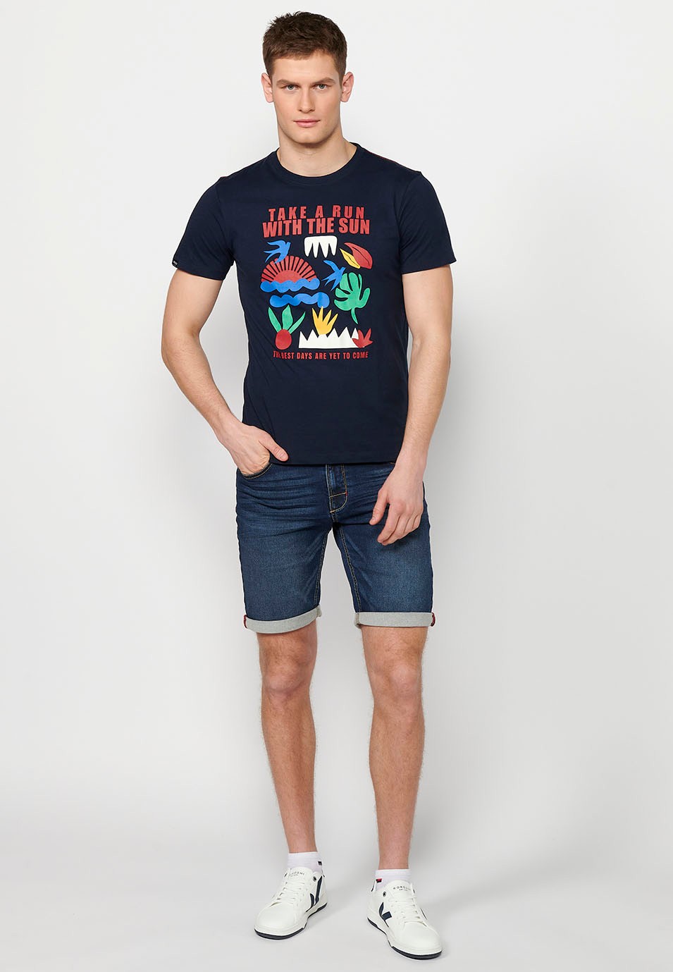 Bedrucktes Kurzarm-T-Shirt mit Rundhalsausschnitt in Marineblau für Herren