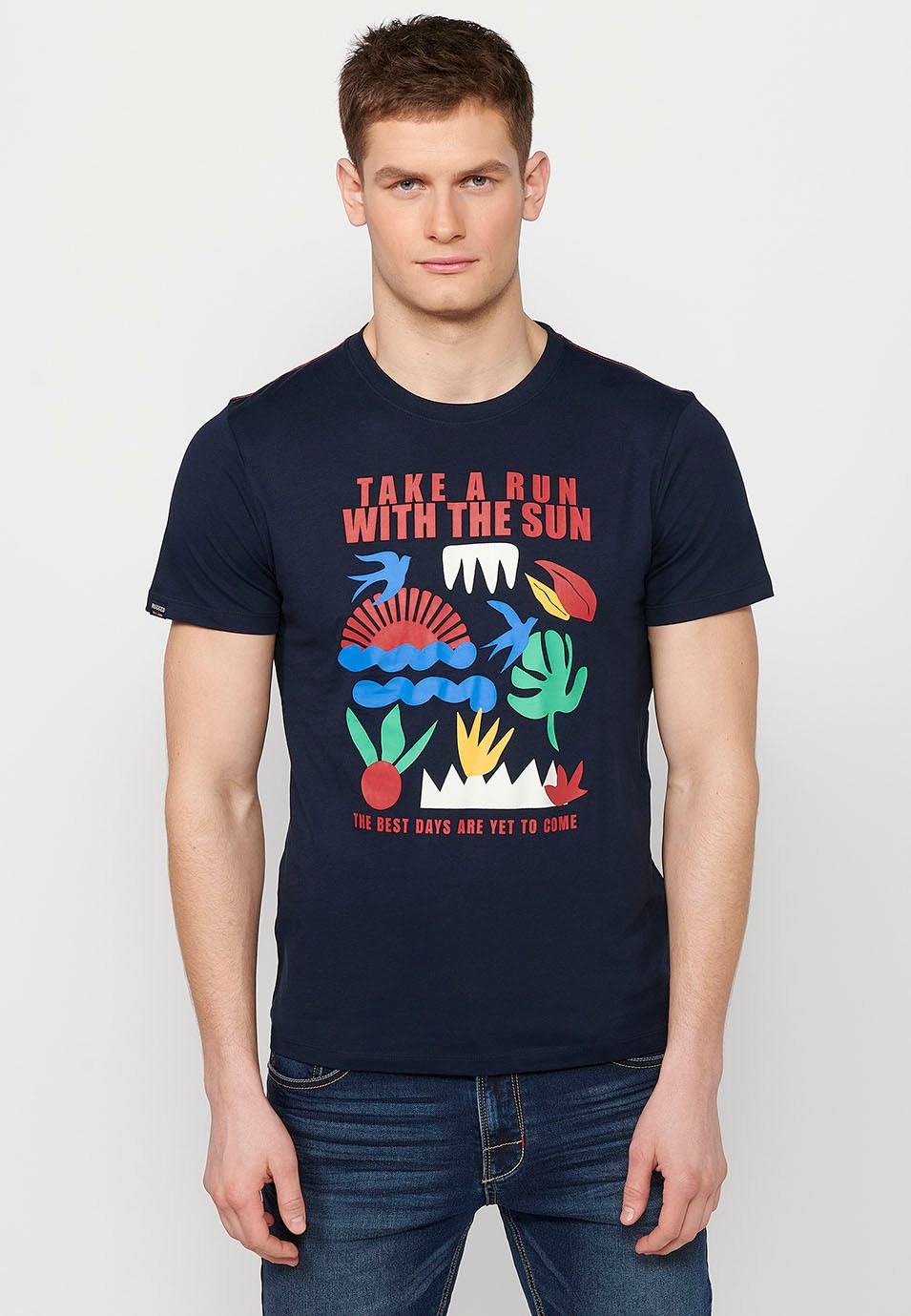 Printed short-sleeved T-shirt, round neck in navy color for men