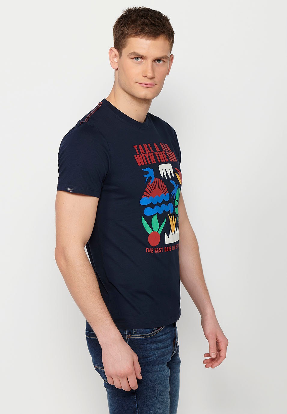 Bedrucktes Kurzarm-T-Shirt mit Rundhalsausschnitt in Marineblau für Herren