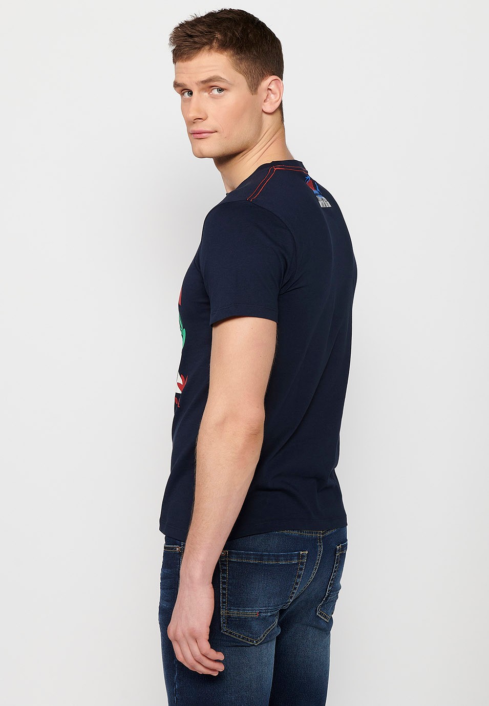 Printed short-sleeved T-shirt, round neck in navy color for men