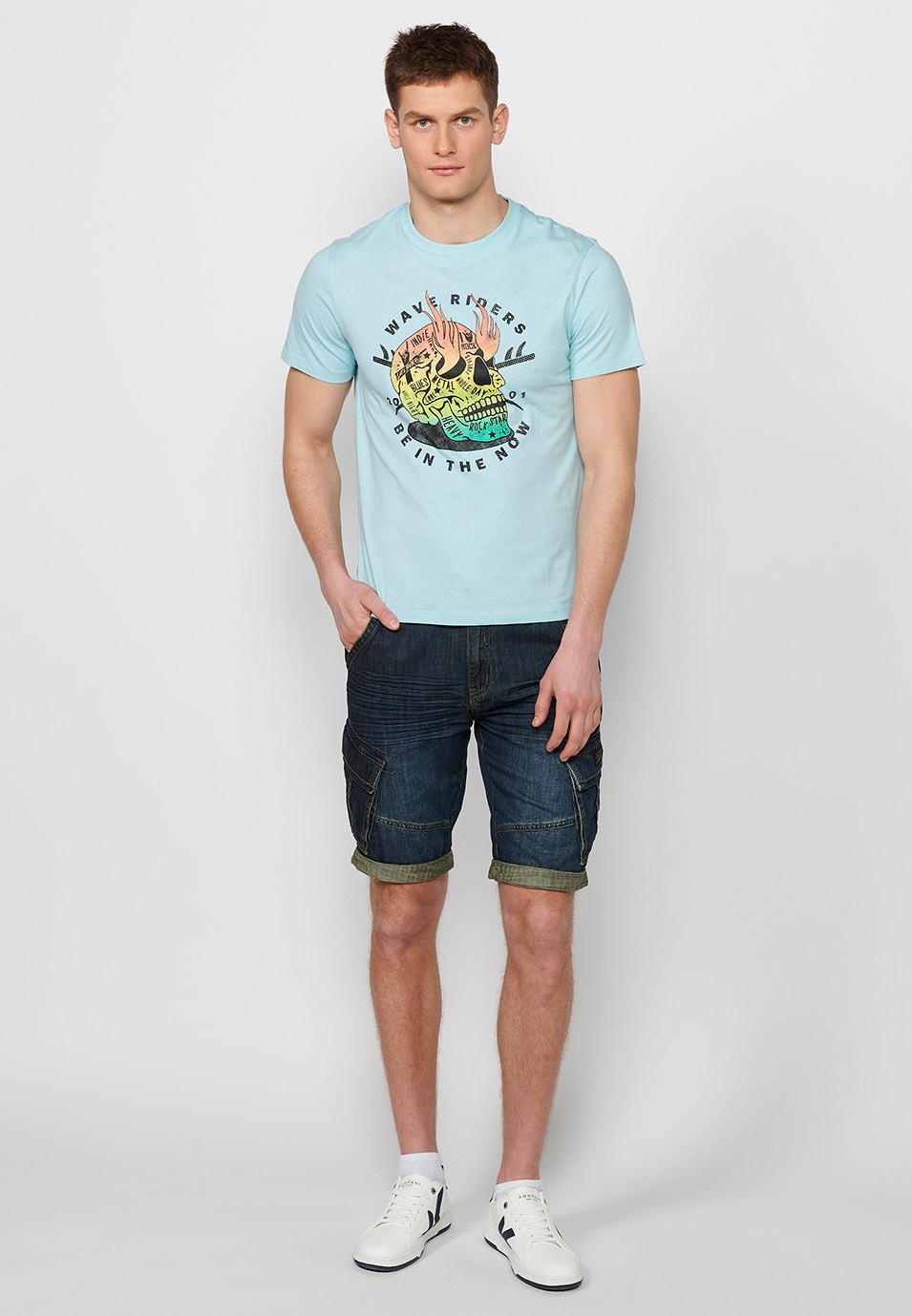 Blau bedrucktes Kurzarm-T-Shirt aus Baumwolle für Herren