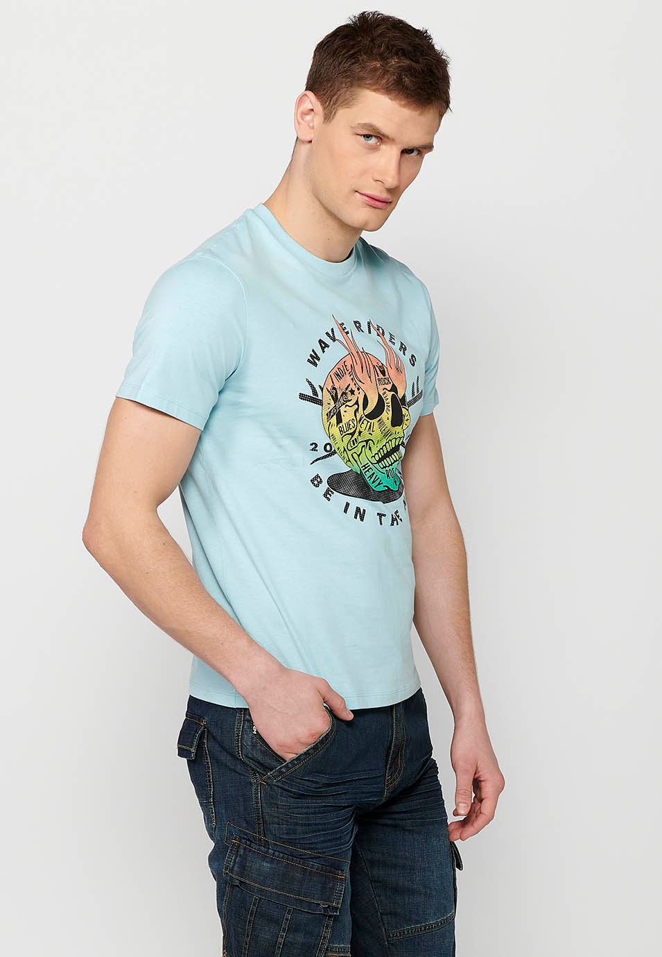 Camiseta manga corta de algodon, estampada, color azul para hombre