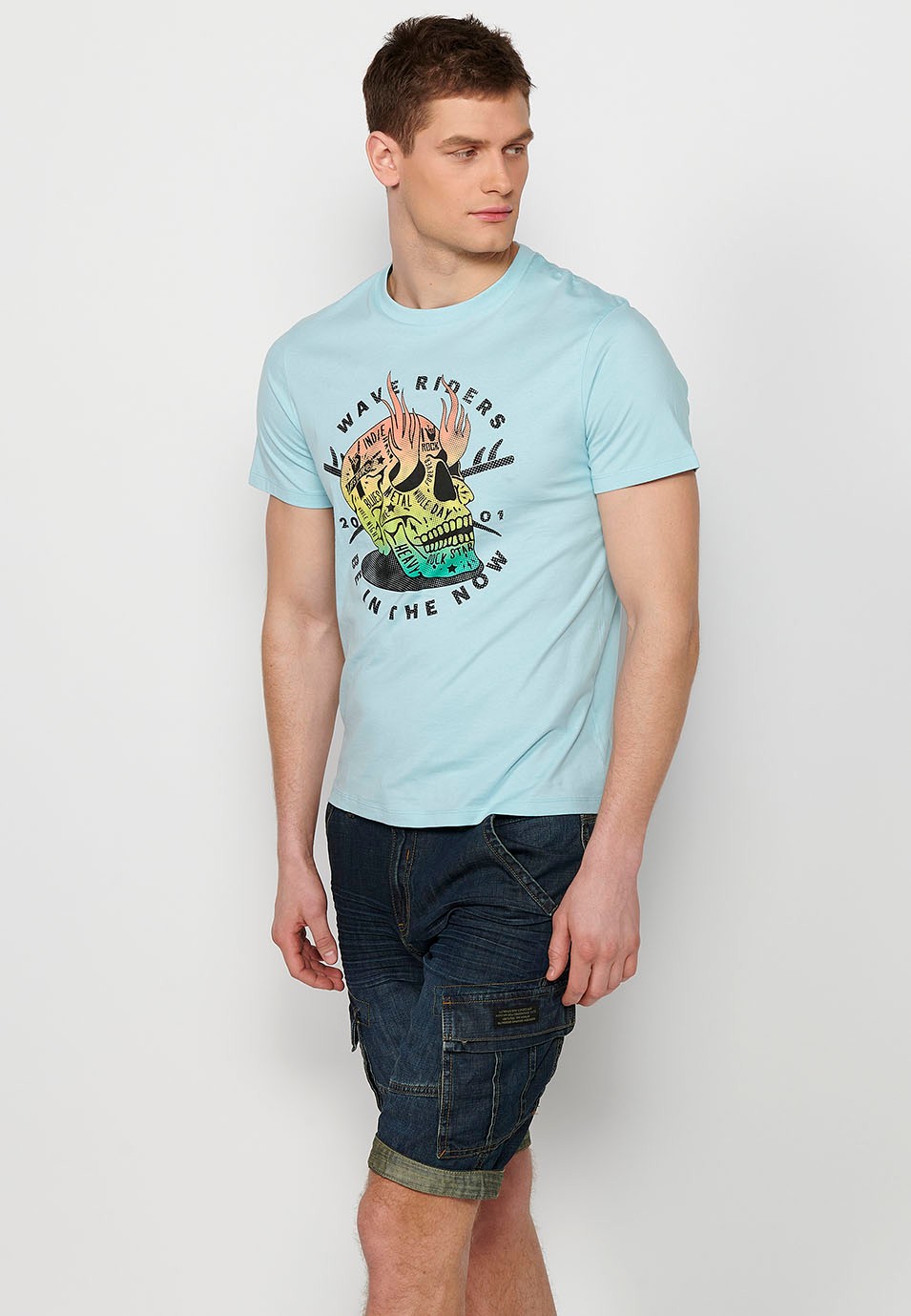 Blau bedrucktes Kurzarm-T-Shirt aus Baumwolle für Herren