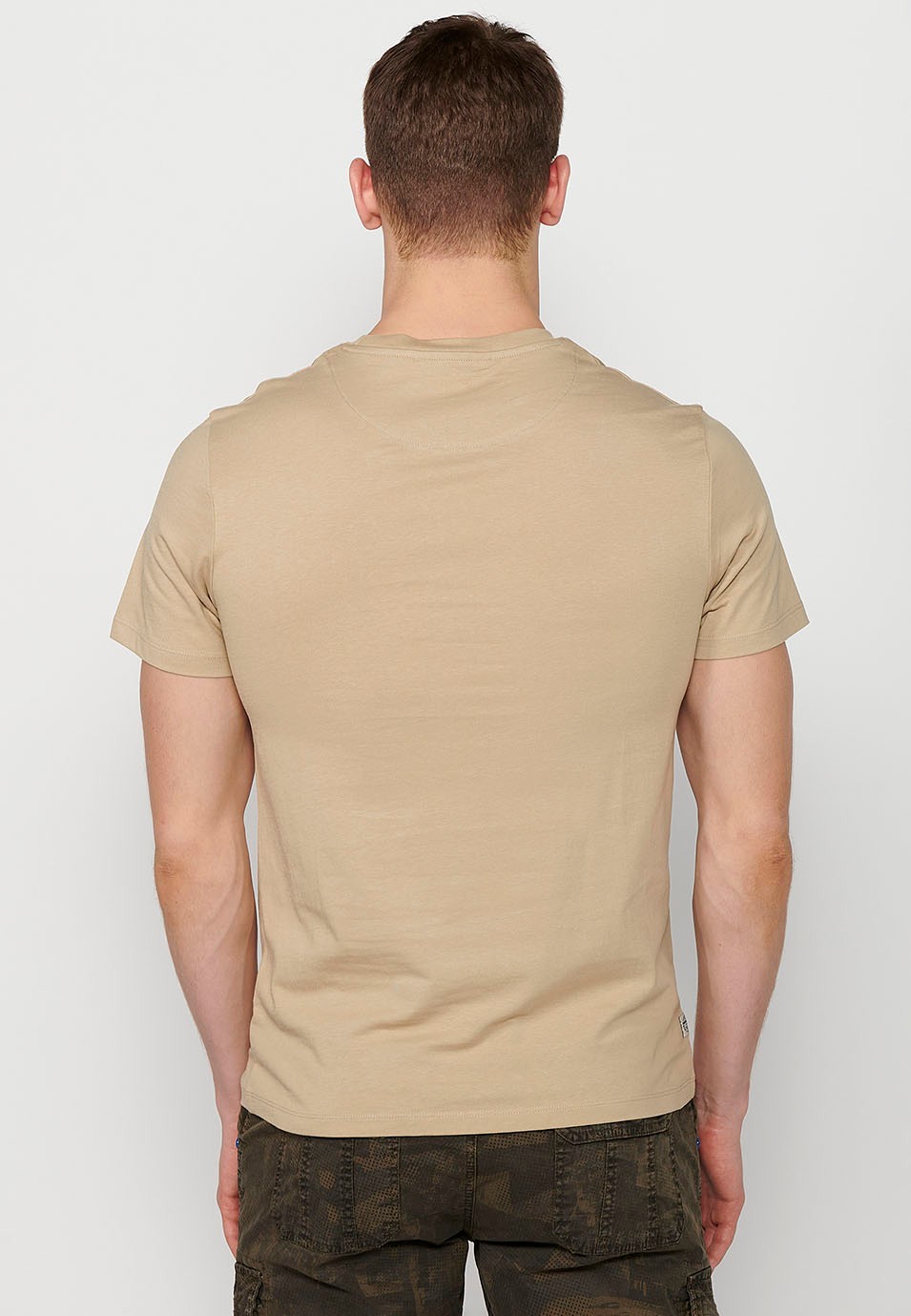 Stone-colored printed cotton short-sleeved t-shirt for men