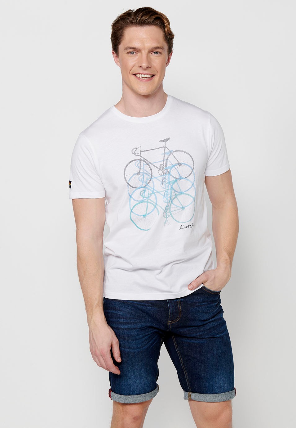 T-shirt en coton à manches courtes avec imprimé vélo sur le devant, blanc pour homme
