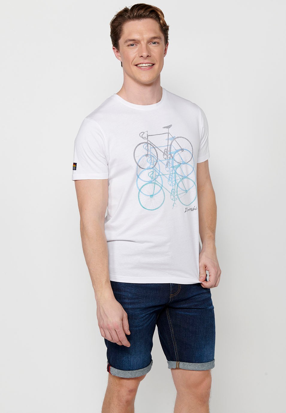Camiseta de manga corta de algodón estampado delantero bicicletas, color blanco para hombre