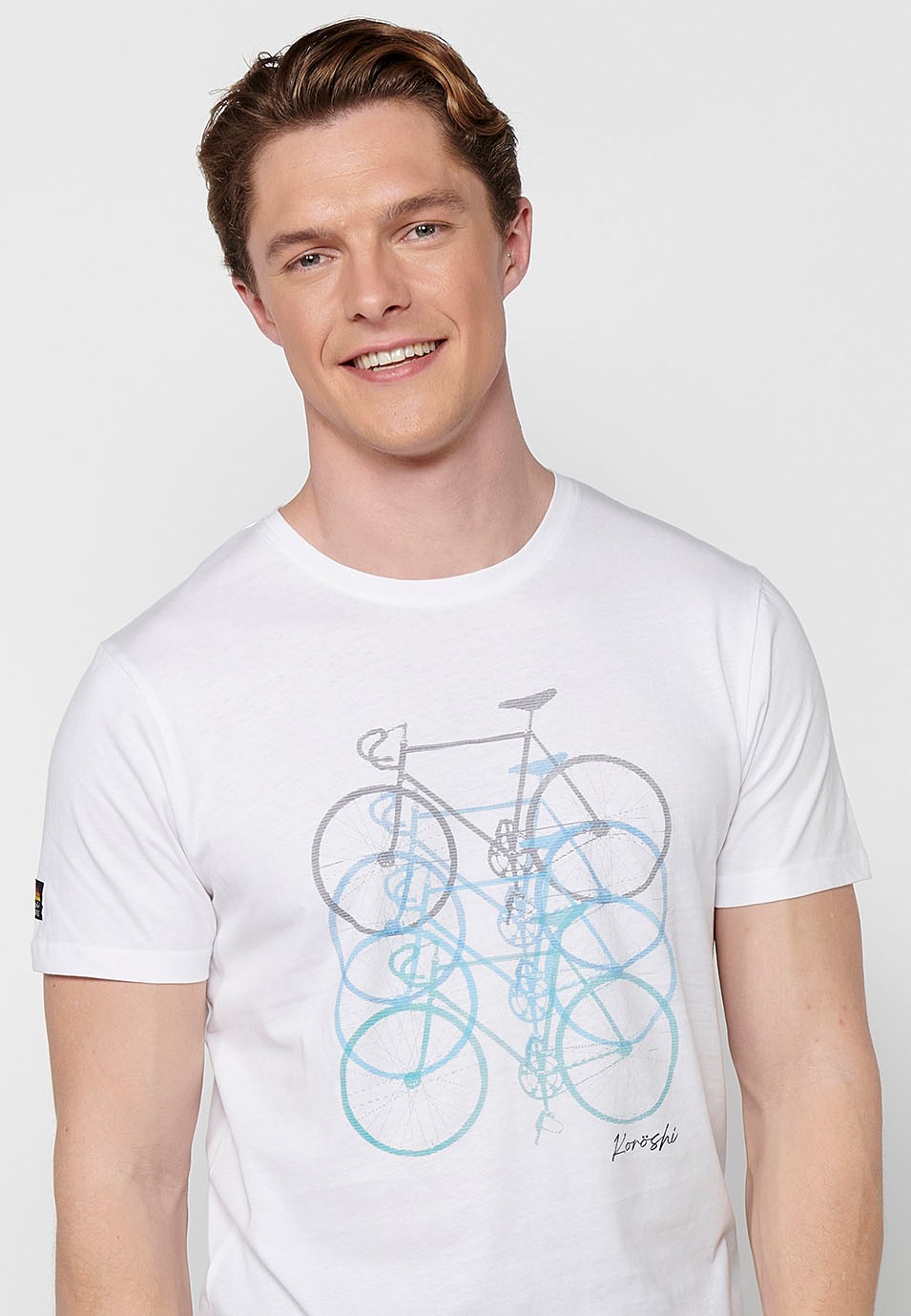Short-sleeved cotton T-shirt with bicycle front print, white for men