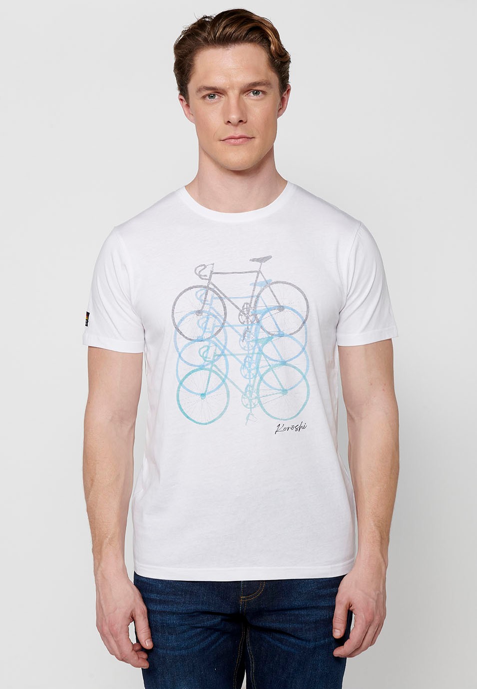 T-shirt en coton à manches courtes avec imprimé vélo sur le devant, blanc pour homme
