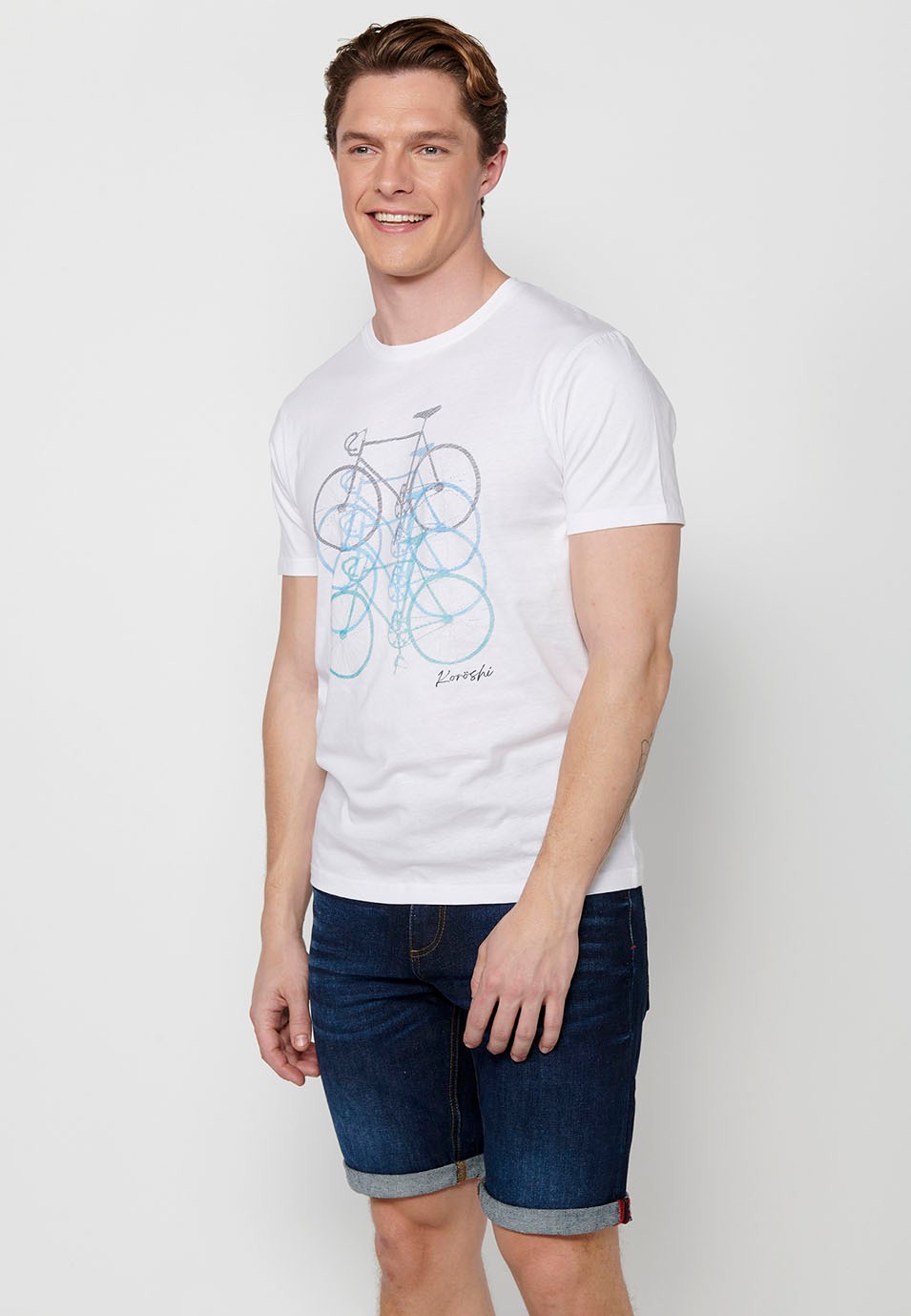 Kurzarm-T-Shirt aus Baumwolle mit Fahrrad-Frontprint, weiß für Herren