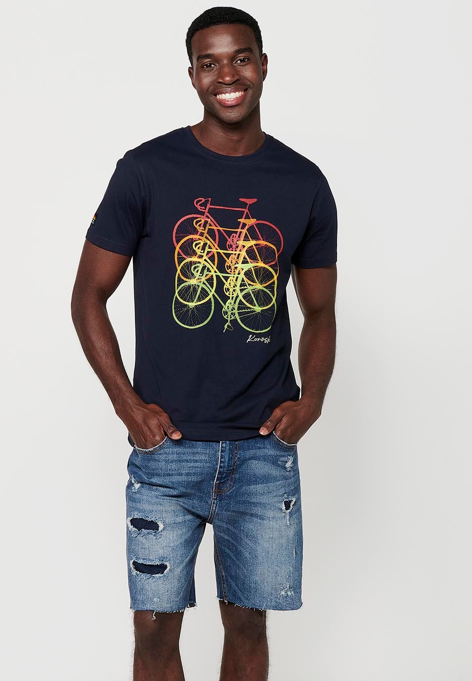 Short-sleeved cotton T-shirt with bicycle front print, navy color for men
