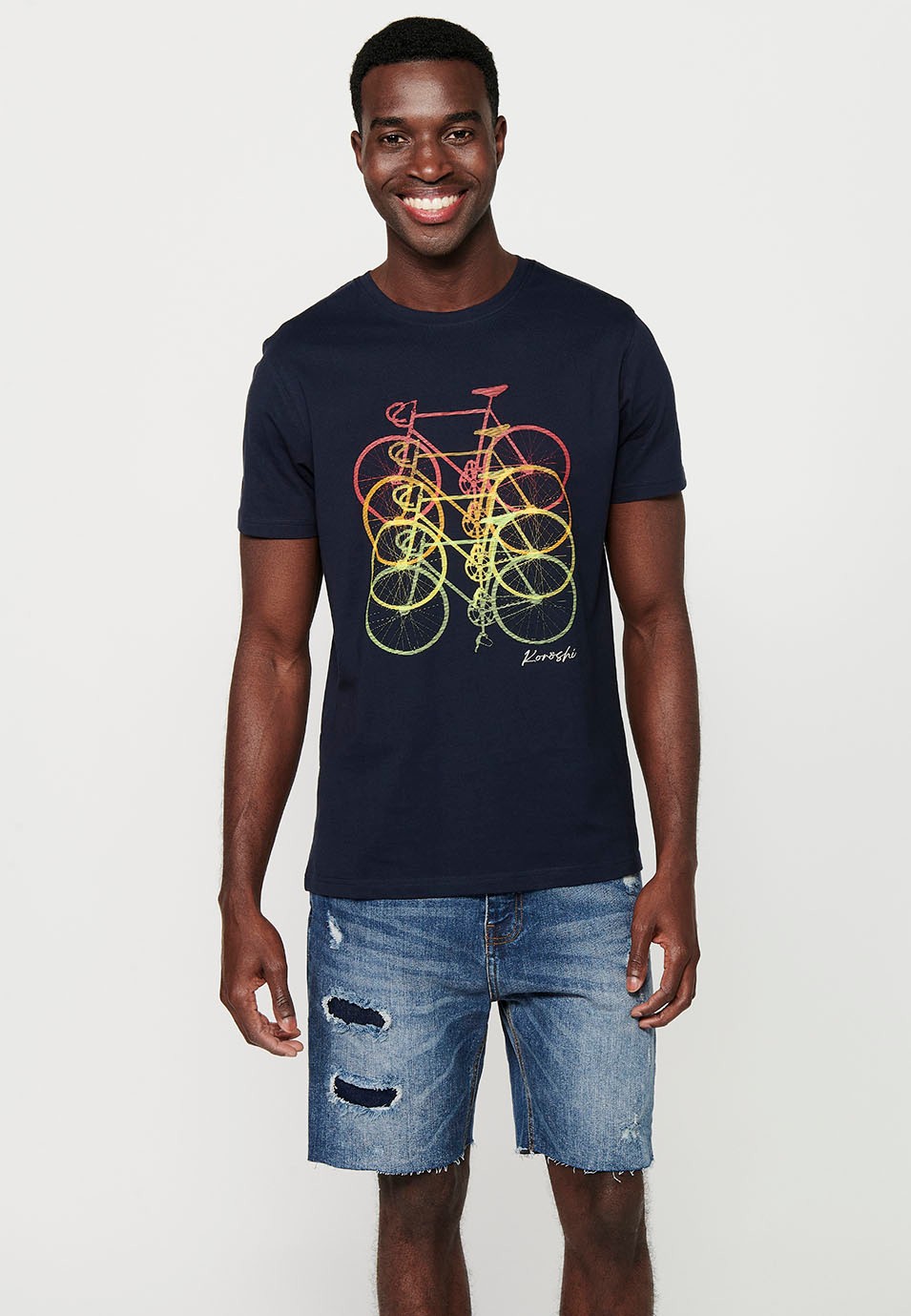 Kurzarm-T-Shirt aus Baumwolle mit Fahrrad-Frontprint, Marineblau für Herren 2