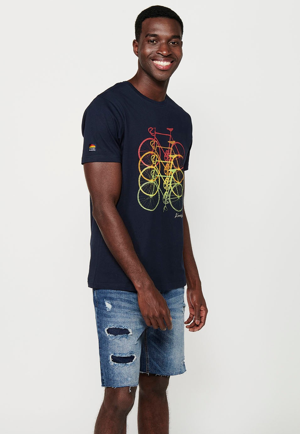 Short-sleeved cotton T-shirt with bicycle front print, navy color for men 1