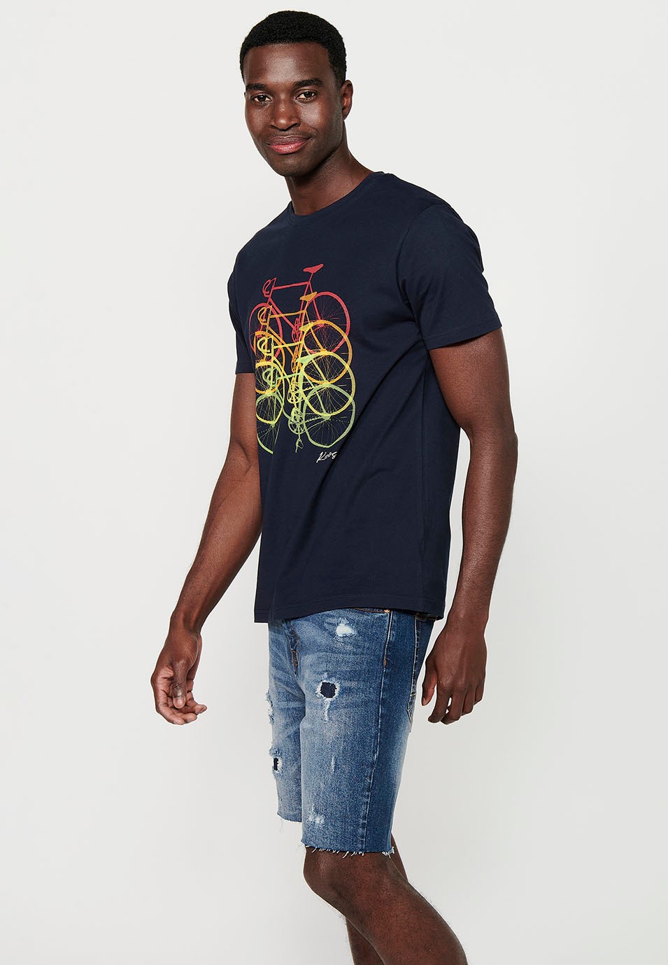 Short-sleeved cotton T-shirt with bicycle front print, navy color for men 3