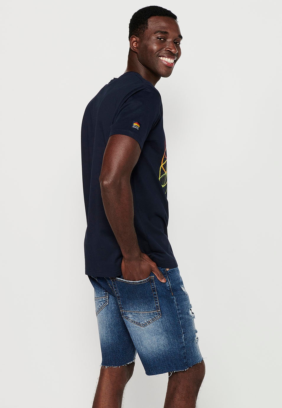 Kurzarm-T-Shirt aus Baumwolle mit Fahrrad-Frontprint, Marineblau für Herren 6