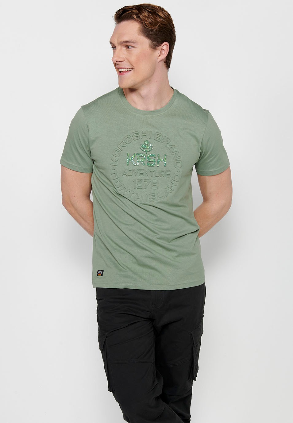 Khakifarbenes Herren-T-Shirt aus Baumwolle mit Rundhalsausschnitt und kurzen Ärmeln
