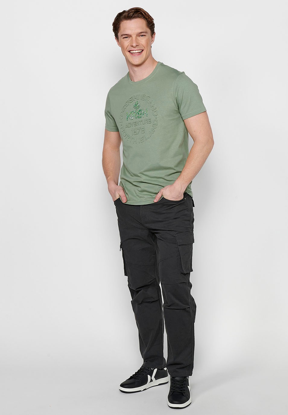 T-shirt à manches courtes en coton à col rond de couleur kaki pour hommes 5