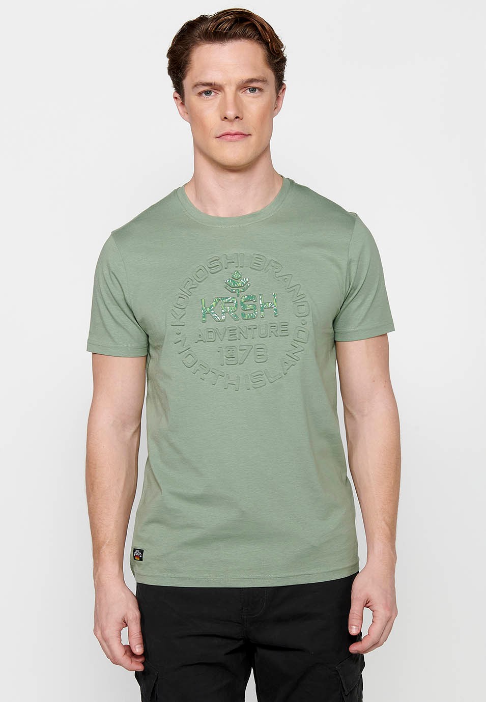 Khakifarbenes Herren-T-Shirt aus Baumwolle mit Rundhalsausschnitt und kurzen Ärmeln 6