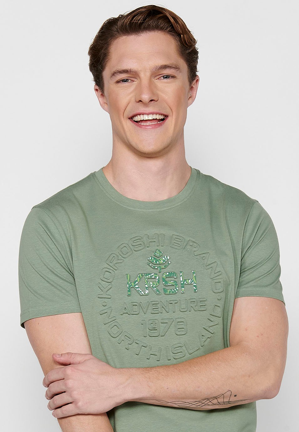 Khakifarbenes Herren-T-Shirt aus Baumwolle mit Rundhalsausschnitt und kurzen Ärmeln 3