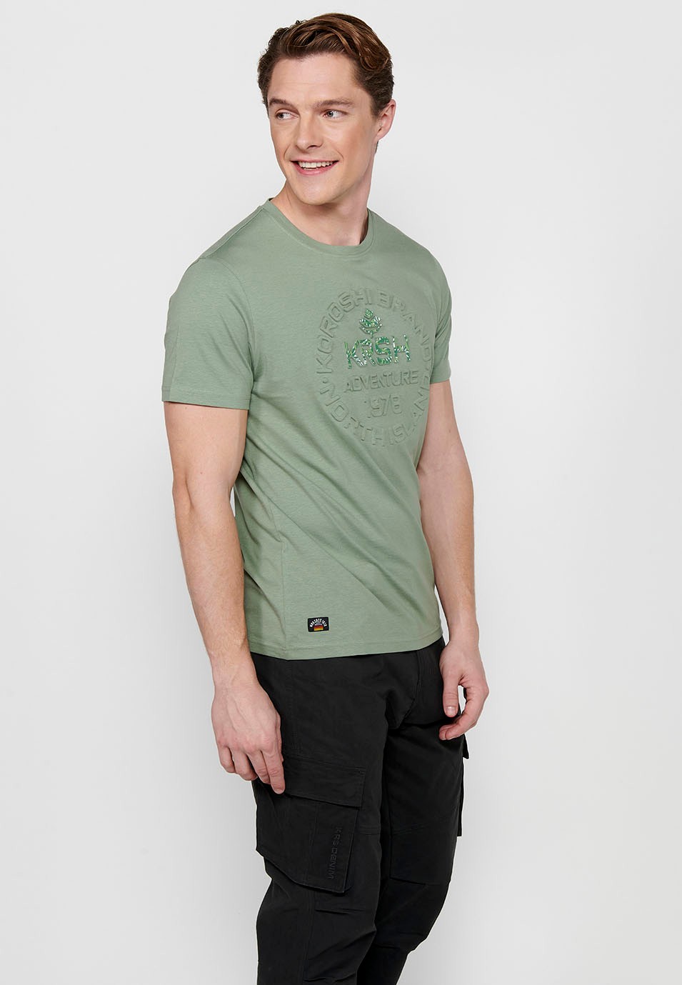 Khakifarbenes Herren-T-Shirt aus Baumwolle mit Rundhalsausschnitt und kurzen Ärmeln 1