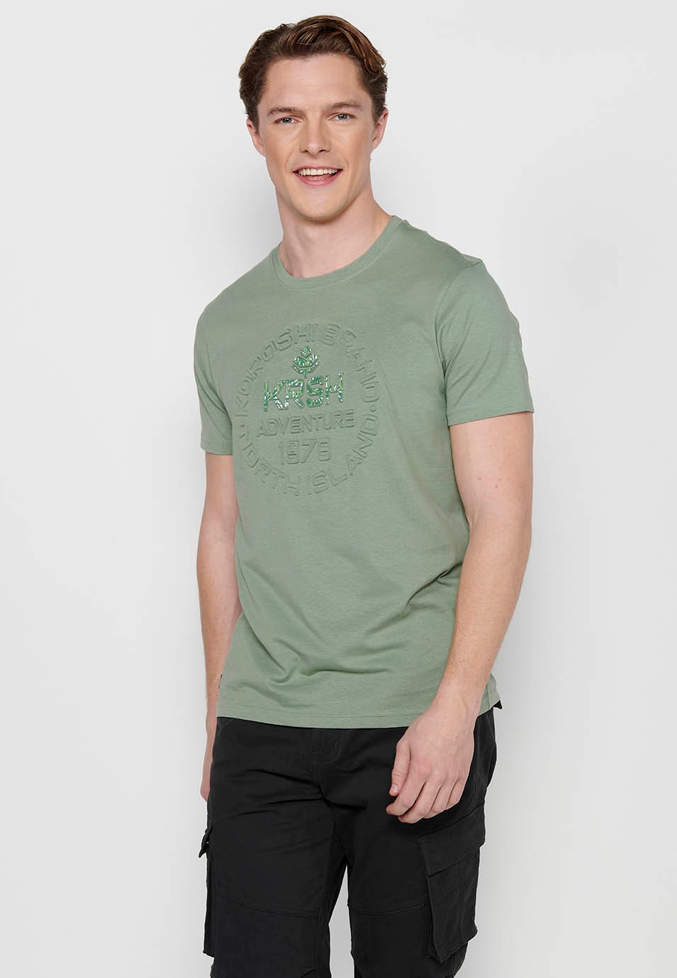 Khakifarbenes Herren-T-Shirt aus Baumwolle mit Rundhalsausschnitt und kurzen Ärmeln 7