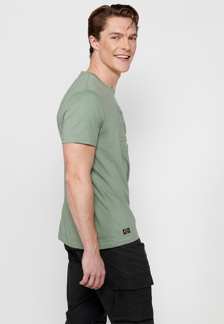 Khakifarbenes Herren-T-Shirt aus Baumwolle mit Rundhalsausschnitt und kurzen Ärmeln 4