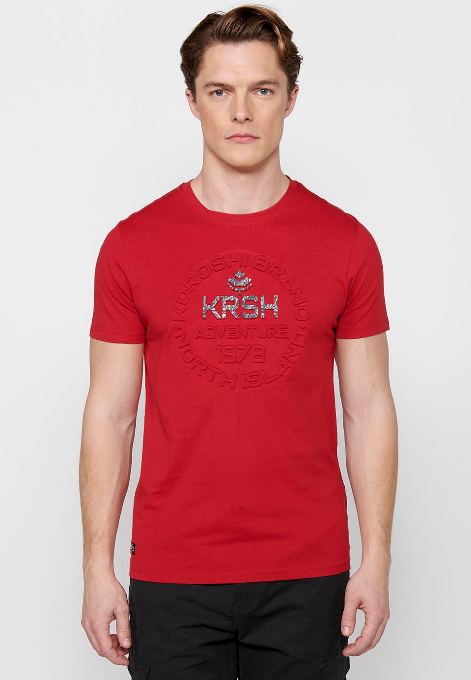 Camiseta de manga corta de algodón de Cuello redondo de Color Rojo para Hombre