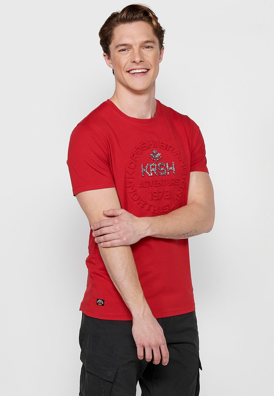 Camiseta de manga corta de algodón de Cuello redondo de Color Rojo para Hombre 3