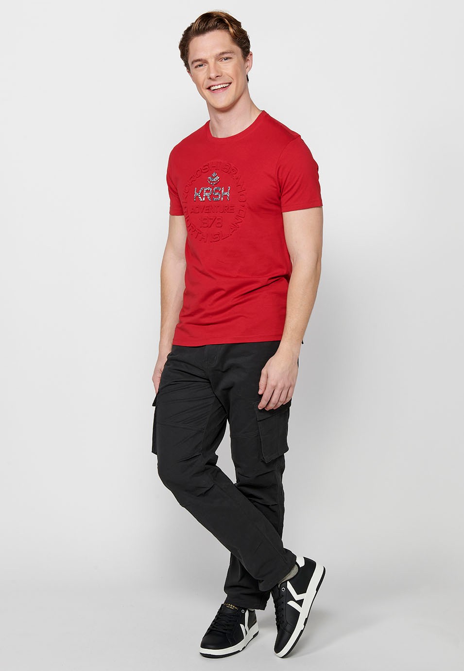 Camiseta de manga corta de algodón de Cuello redondo de Color Rojo para Hombre 7