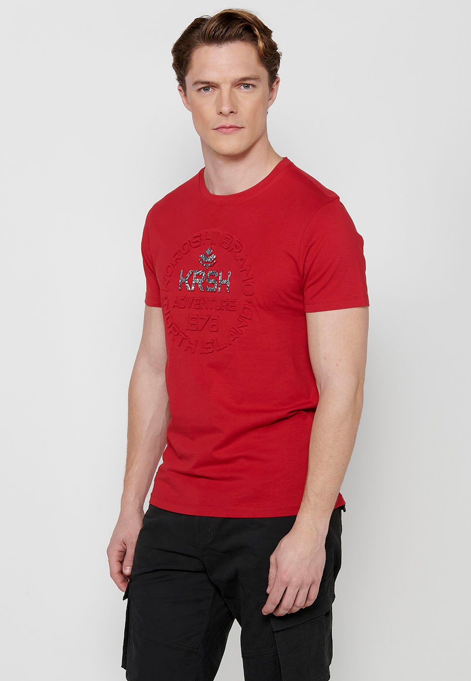 Camiseta de manga corta de algodón de Cuello redondo de Color Rojo para Hombre 4