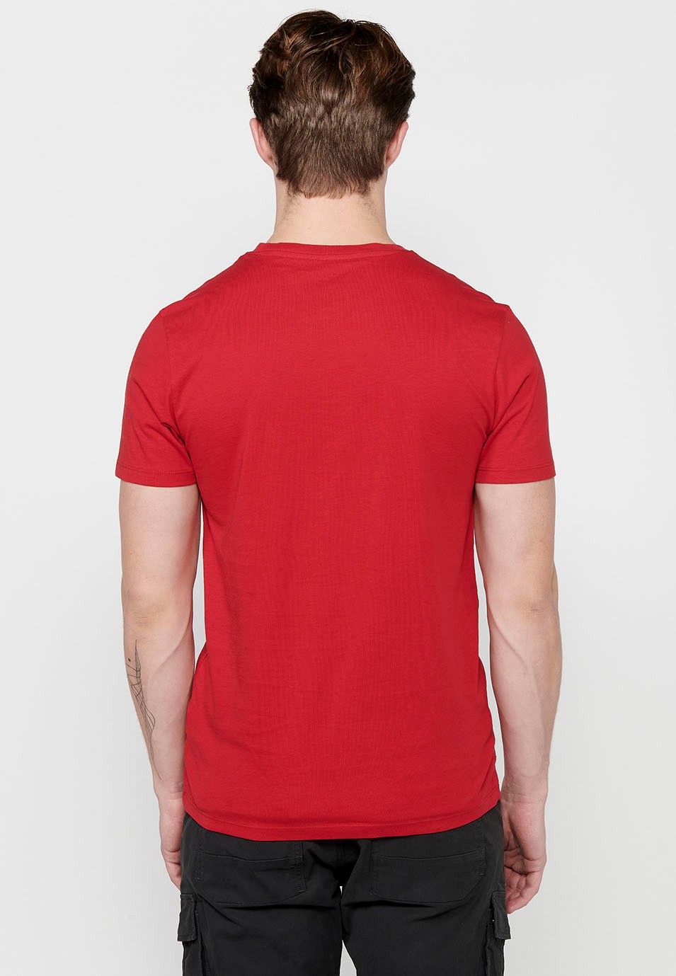 T-shirt à manches courtes en coton à col rond de couleur rouge pour hommes 1