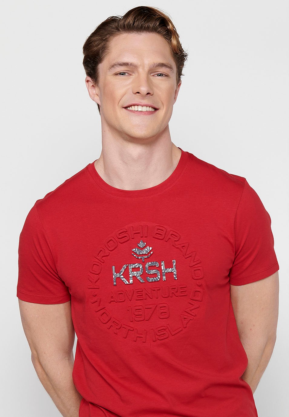 T-shirt à manches courtes en coton à col rond de couleur rouge pour hommes 5