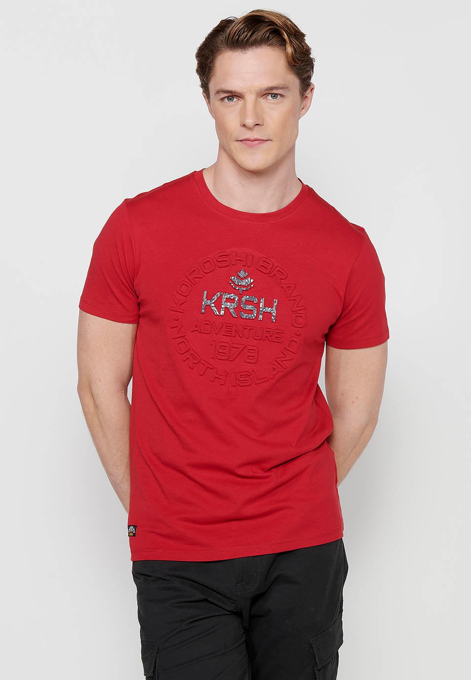 Camiseta de manga corta de algodón de Cuello redondo de Color Rojo para Hombre 2
