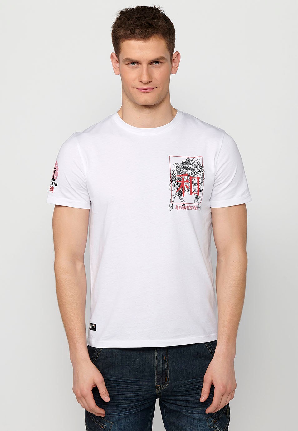 White short sleeve t-shirt with print on the back for men
