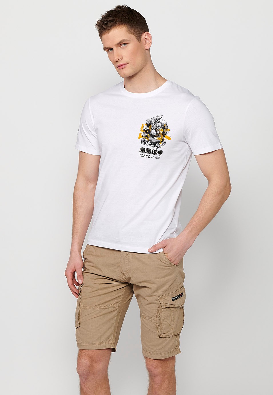 Camiseta de manga corta de algodon, estampada en la espalda, color blanco para hombre