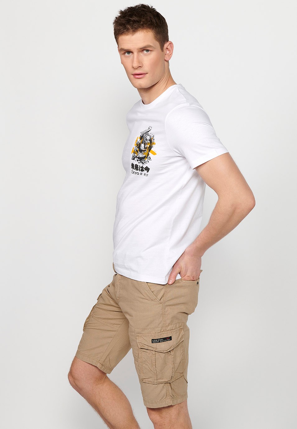 Camiseta de manga corta de algodon, estampada en la espalda, color blanco para hombre