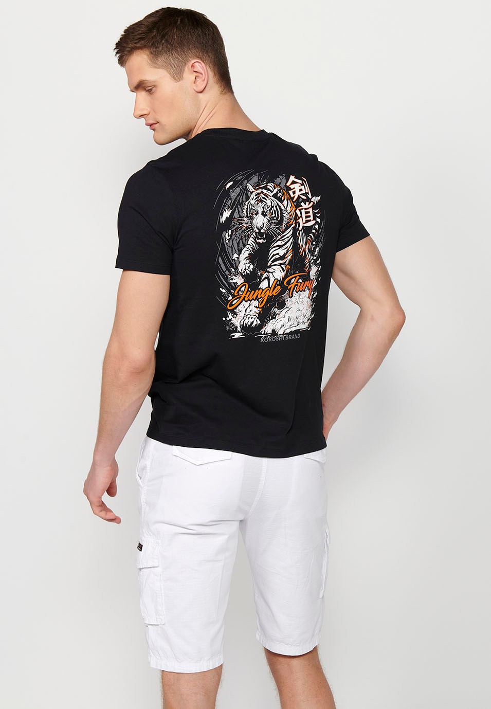 Short-sleeved cotton t-shirt with jungle tigger back print, black color for men