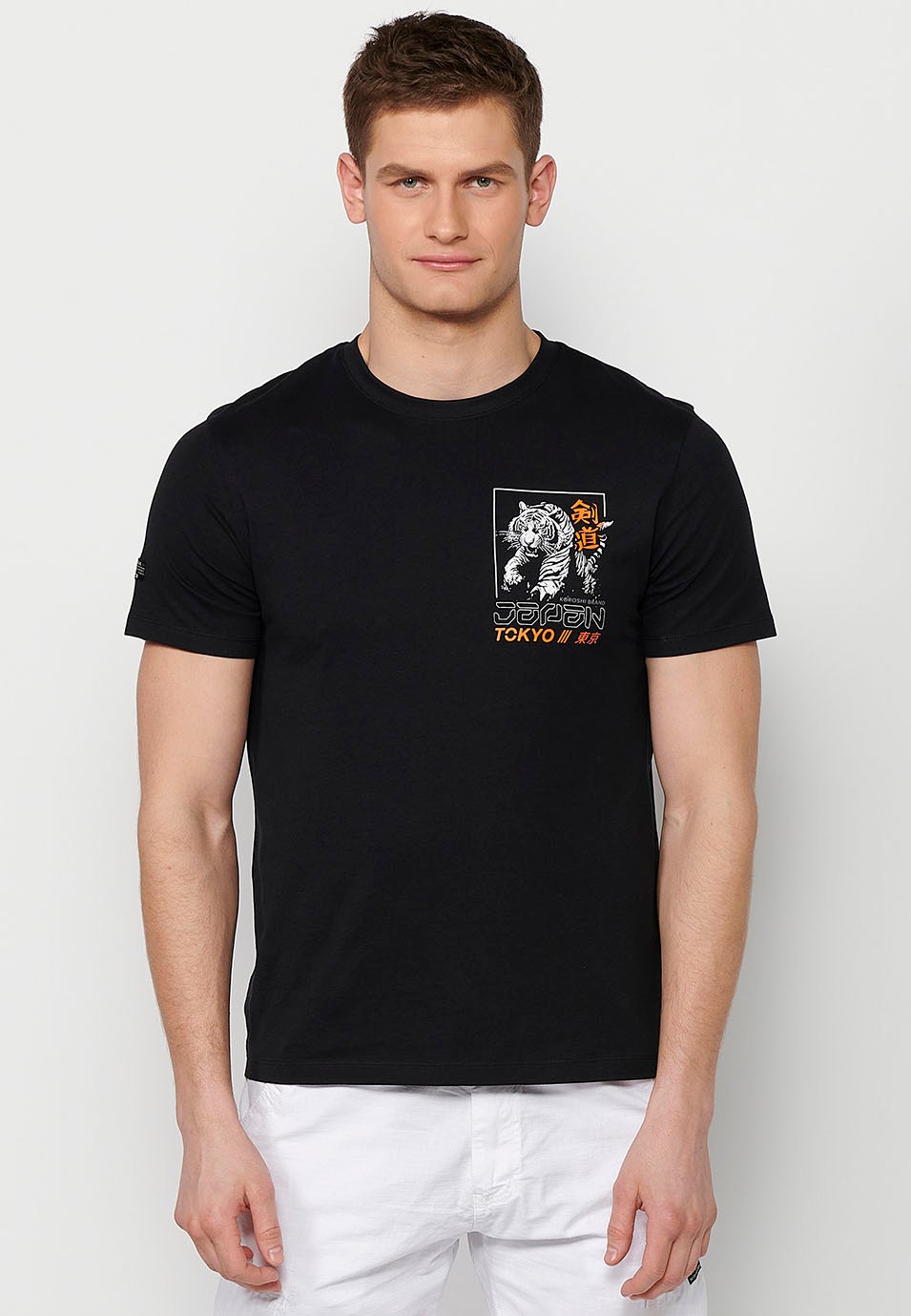 Kurzärmeliges Baumwoll-T-Shirt mit Dschungel-Tigger-Aufdruck auf dem Rücken, schwarze Farbe für Herren