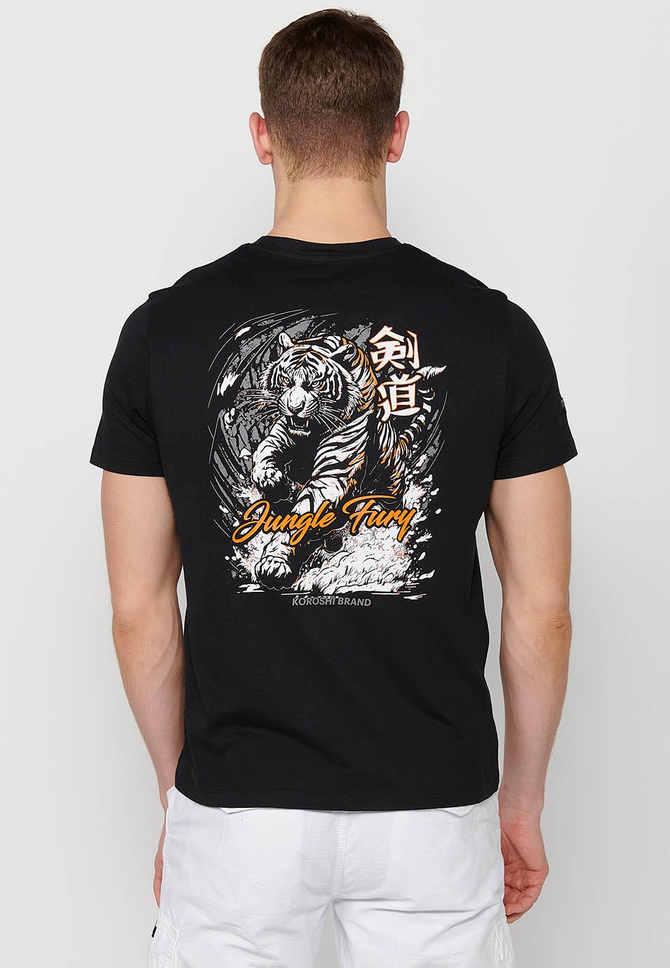Short-sleeved cotton t-shirt with jungle tigger back print, black color for men