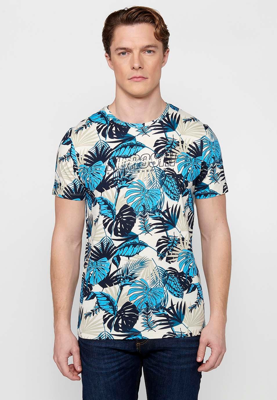 Short-sleeved Cotton T-shirt with floral print and Round Neck in Blue for Men