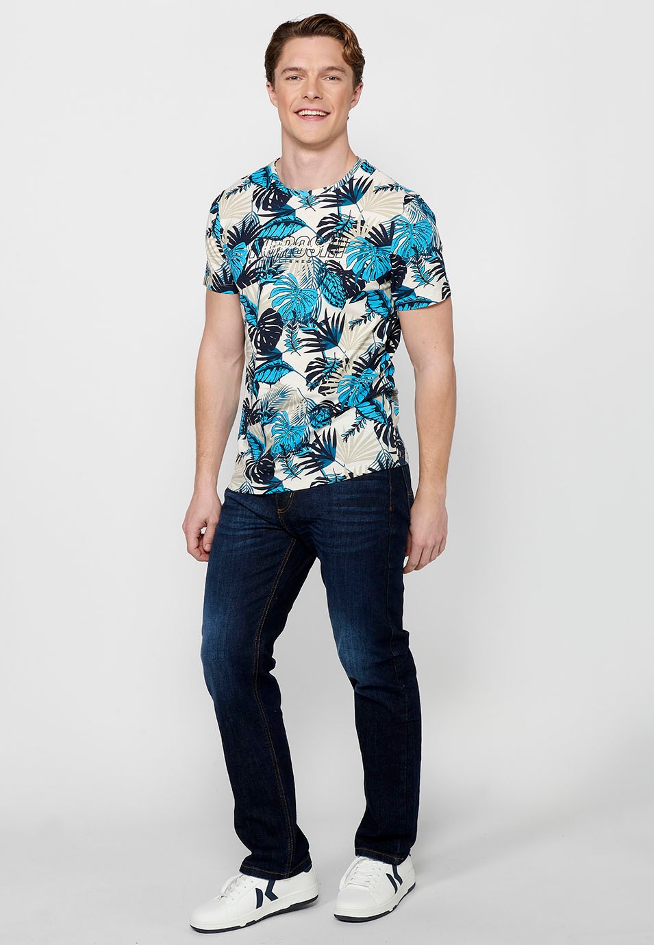 Short-sleeved Cotton T-shirt with floral print and Round Neck in Blue for Men 4